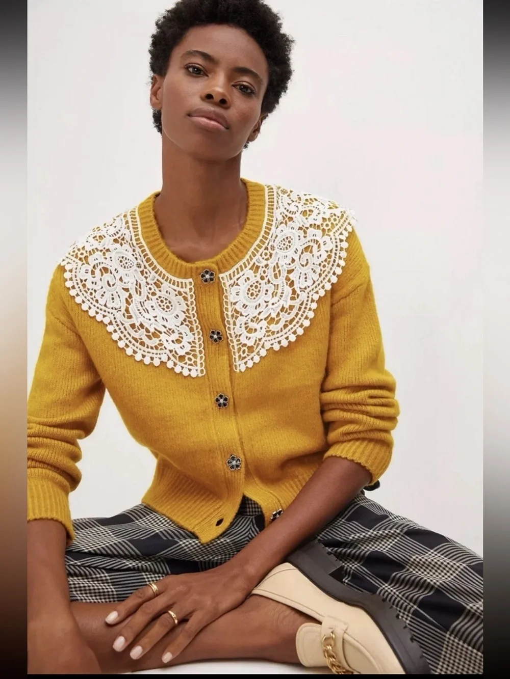 RARE Anthropologie Maeve Mustard Yellow Lace Collar Cardigan Sweater Size M
